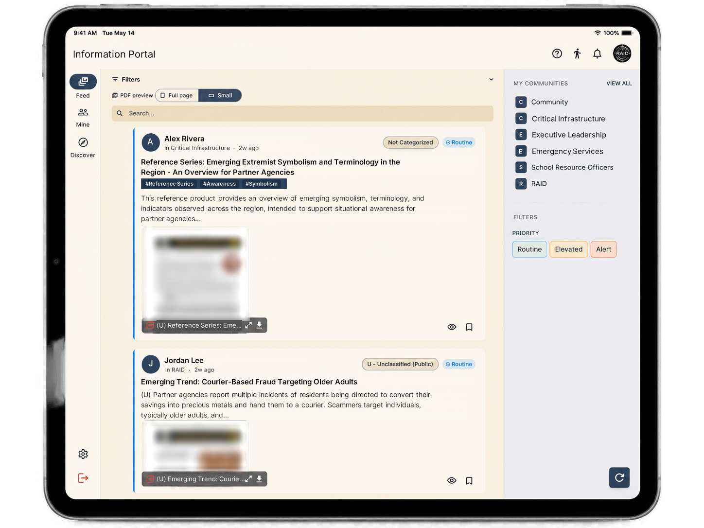 The RAID intelligence feed on an iPad, showing fusion center bulletins tagged by community, priority, and classification