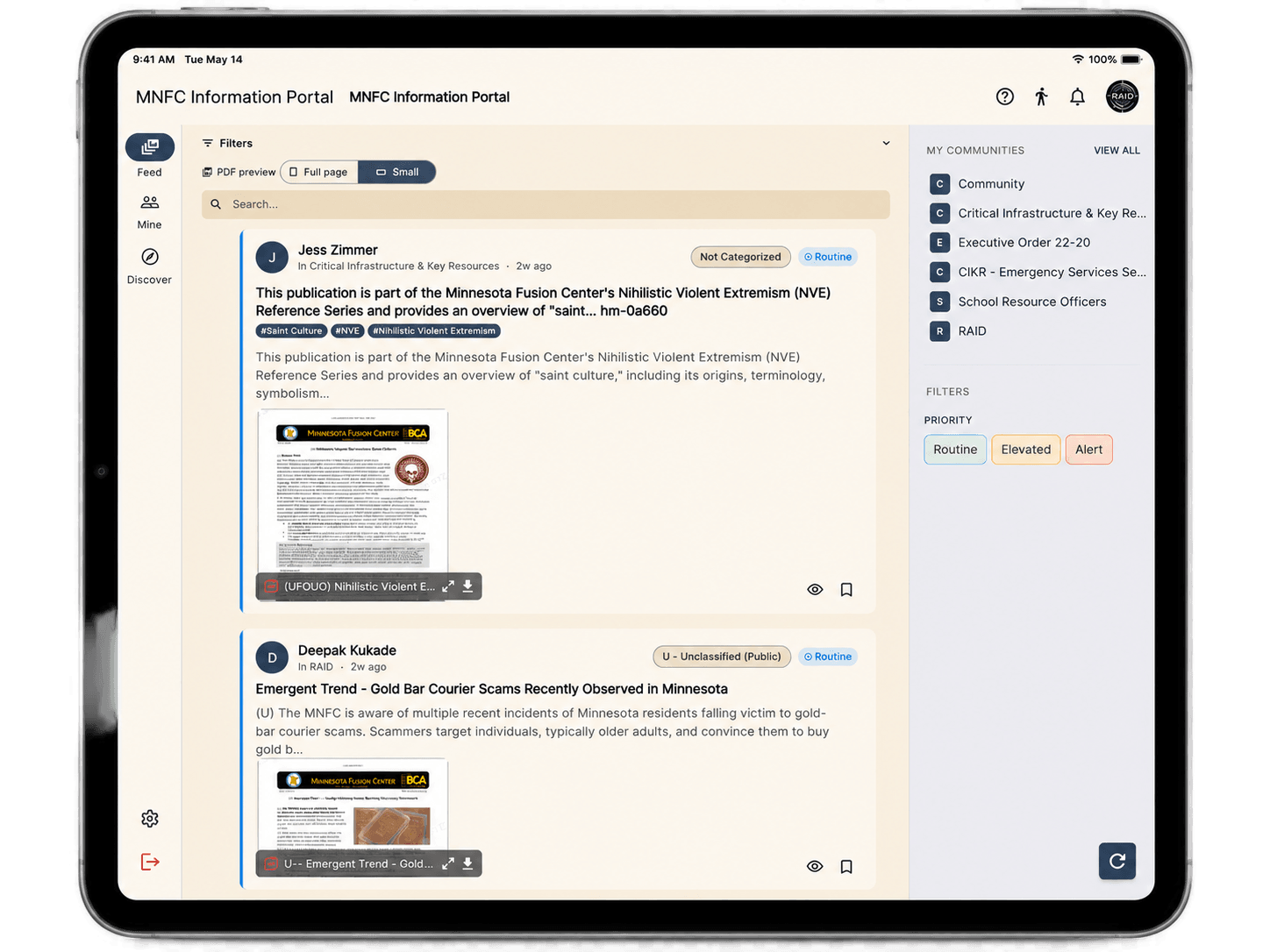 The RAID intelligence feed on an iPad, showing fusion center bulletins tagged by community, priority, and classification